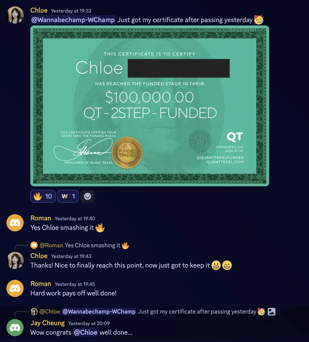 Community message celebrating Chloe reaching a $100,000 funded stage