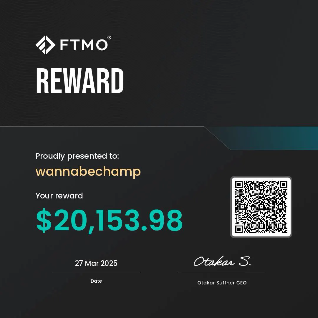 FTMO reward certificate showing $20,153.98