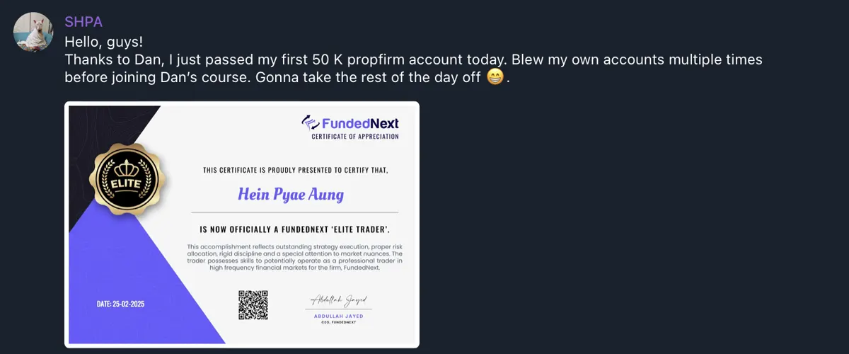 Community message celebrating a first $50K funded prop firm account